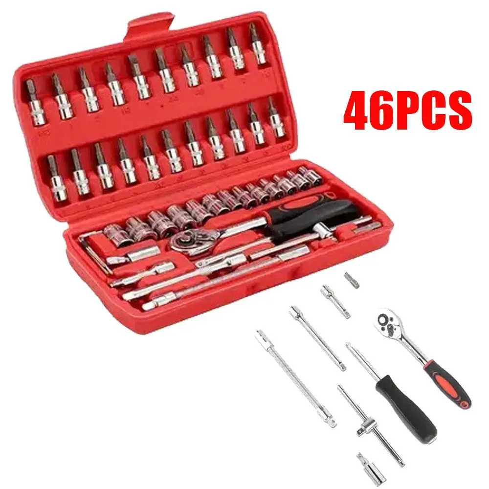 46PCS Auto Car Repair Socket Tool Set, 1/4" Quick Release Ratchet Wrench, Chrome Vanadium Steel Bits, Flexible Extension & Blow Case for DIY Mechanics