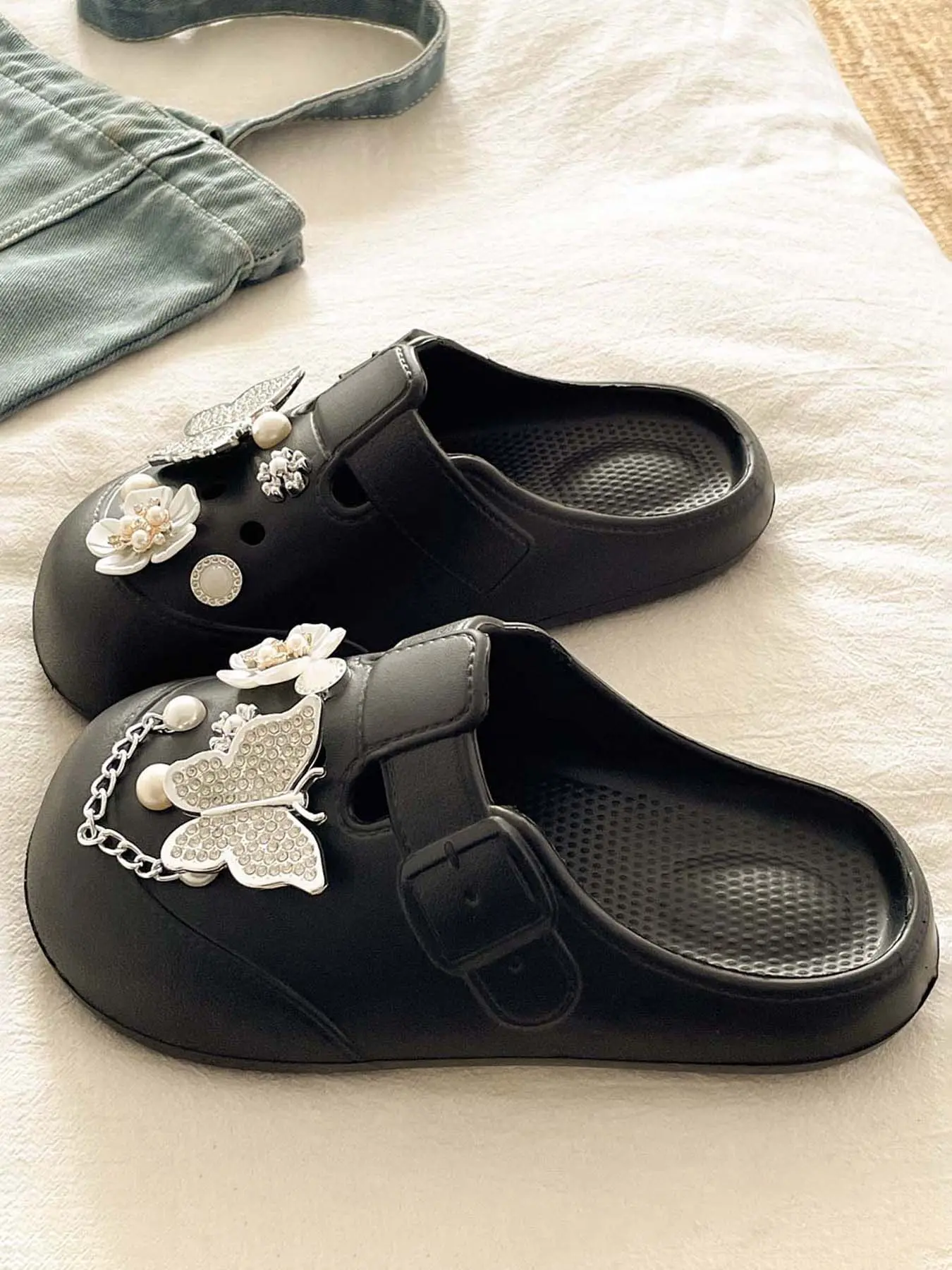 Rhinestone Butterfly Mule Clogs - Luxe Pearl & Floral Accents, Non-slip Soft Sole, Height Boost, DIY Charms, Perfect for Summer Casual & Dressy Looks!