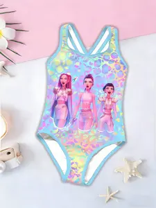 Girls Kpop Series Jumpsuit, Colorful Leopard Print Cross Back Sleeveless Swimsuit, Casual Fashion Beach Pool Water Sports Gift