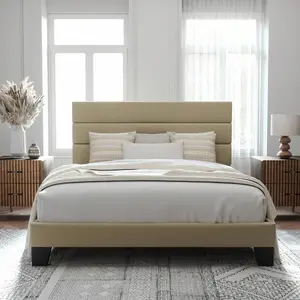 Allewie Twin/Full/Queen/King Size Platform Bed Frame With Fabric Upholstered Headboard And Wooden Slats Support, Fully Upholstered Mattress Foundation, No Box Spring Needed, Easy Assembly, Beige* Bed Frame Queen Queen Bed Frame Bed Frame Full Full Size ou