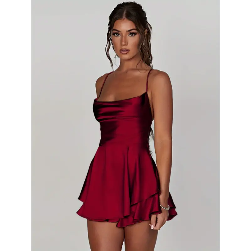Women's Silk Backless Spaghetti Strap Tiered Cowl Neck A-line Mini Dress  for Coquette Cute Y2K Minimalist Styles - TikTok Shop
