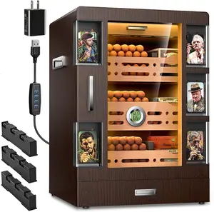 XIFEI Premium Spanish Cedar Wood Display Cabinet - 5 Acrylic Window Cases, Smart 3-Color LED Lighting, Digital Precision Hygrometer & Humidity Control, 150 Count Capacity Collection Chest