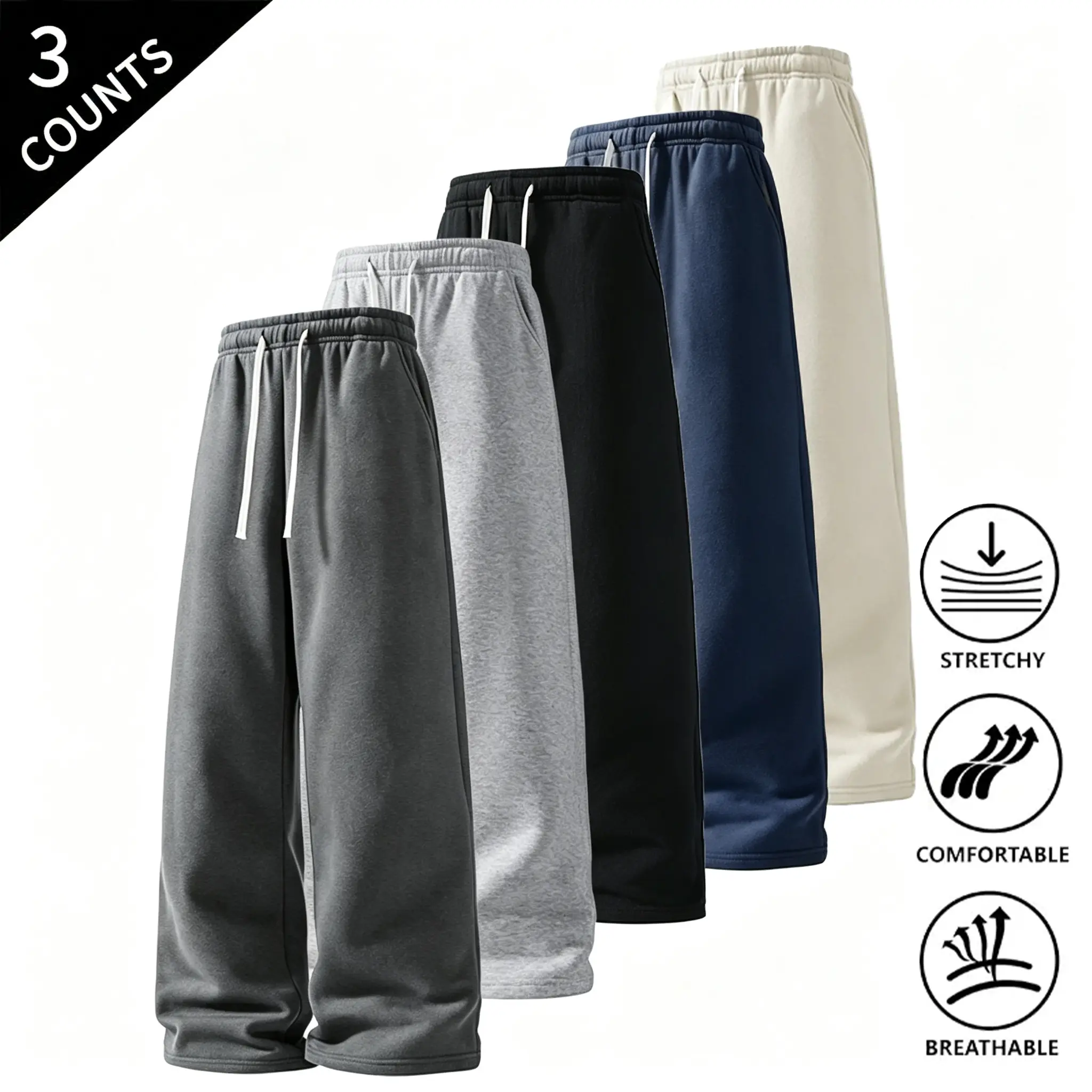 Men's 3-Pack Menswear Plain Bottoms Loungewear Pants - Polyester, Straight-Leg, Loose-Fit, Soft Elastic Breathable, Elastic Drawstring Waist, Stretchable, Comfy Loungewear, Black + Light Gray + Navy Blue