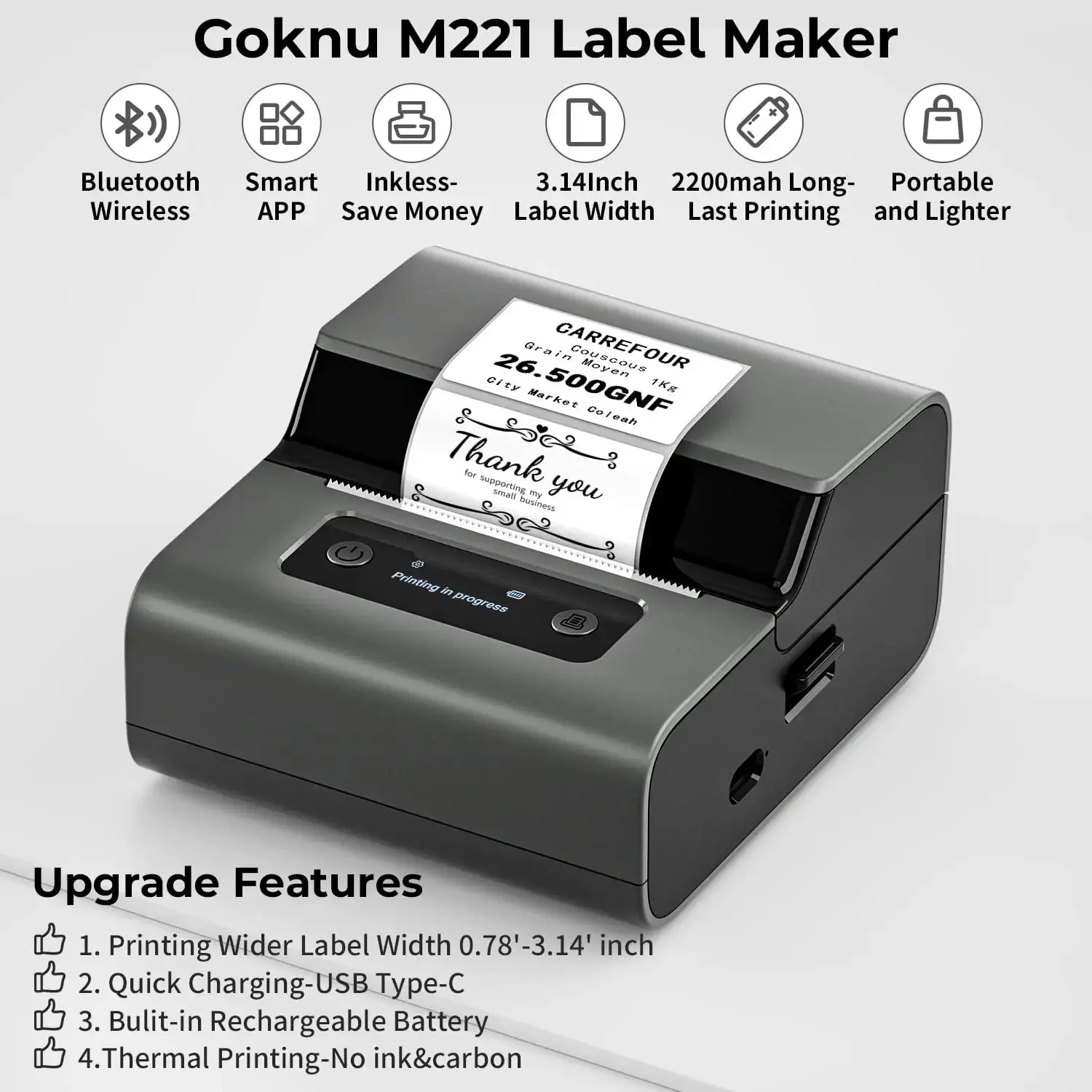 Portable Bluetooth Barcode Label Printer, Inkless Thermal