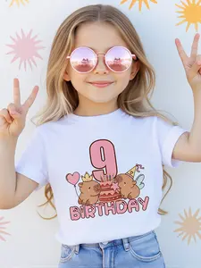 9th Birthday Girl T-Shirt - Cute Kawaii Capybara Crown & Balloon Cake Print, Soft Breathable Summer Short Sleeve Tee for Kids, Machine Washable Casual Party Gift for Girls, Girls Birthday Gifts, Playful Graphic Tee, Comfortable Fit, Funny Graphic Tees