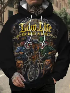 Men's Streetwear Sweatshirt with Clown Print, Casual Fitted Hoodie, Digital Graphic Design, All-Seasons Fashion Top
