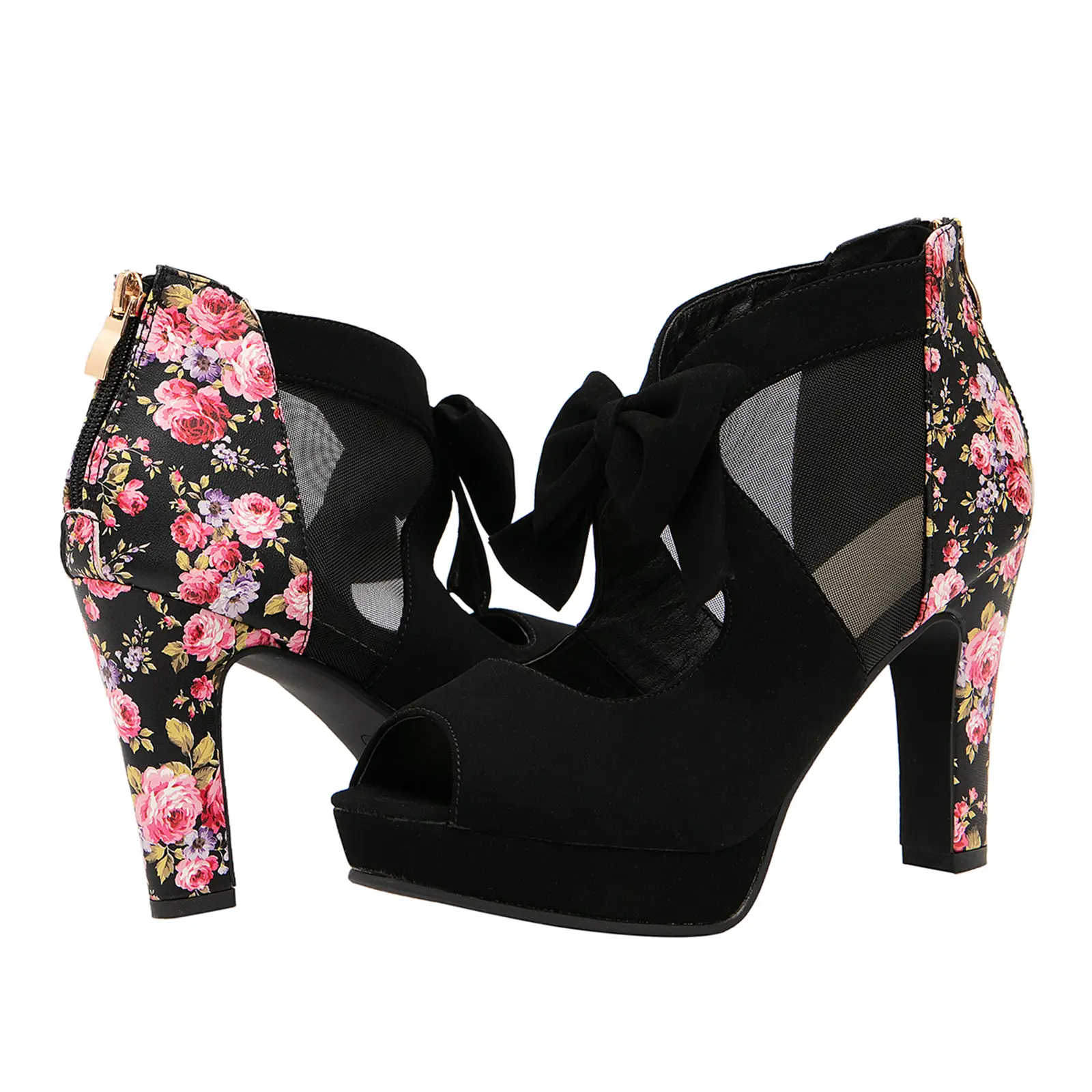 getmorebeauty Open Toe Women flower figure Platform High Heel Shoes Bows Strappy Sandals perfet for wedding/date/night/danceing Girl Black Chunky Prom