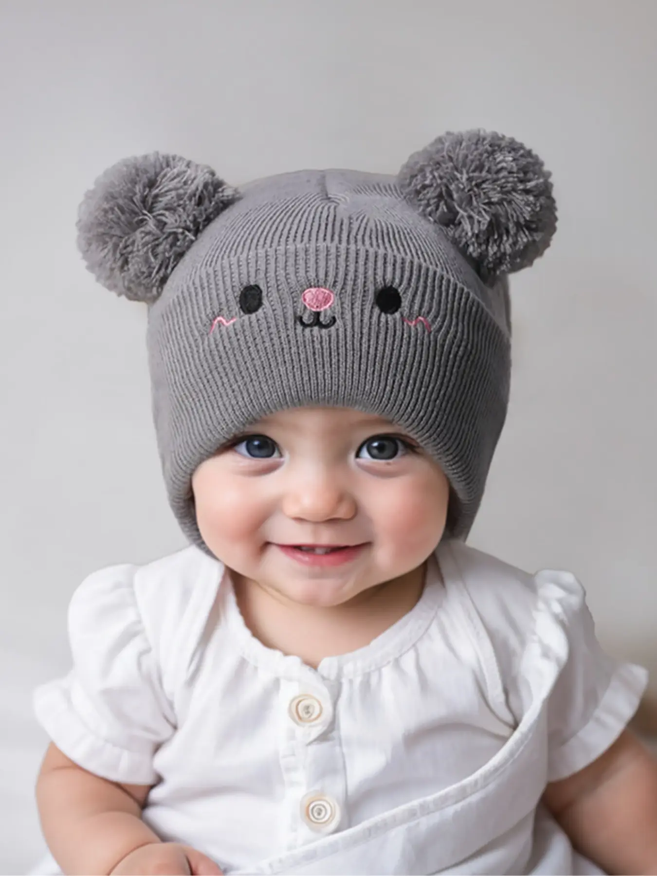Newborn Knit Hat for Babies 1-3 Years Old, Embroidered Double Ball Design, Warm Winter Beanie for Outdoor Use, Casual Style