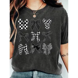 Stylish Bow Patterned Washed Cotton T-shirt with Short Sleeves and Crew Neck for Women Suitable for Spring and Summer