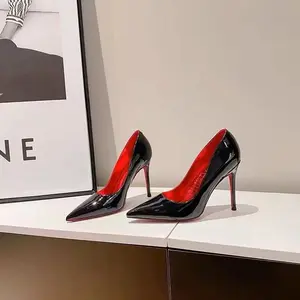 Black Rhinestone Red Sole High Heels Women Thin Heel New Style Elegant Patent Leather Pointed Toe Shallow Mouth Pumps