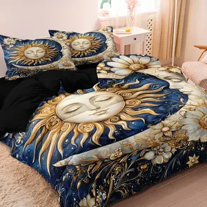 3pcs Set Vintage Bohemia Celestial Sun Moon Duvet Cover (1 Duvet Cover + 2 Pillowcases, No Comforter, No Pillow)for Home Or Dorm Bedrooms Hotels Use