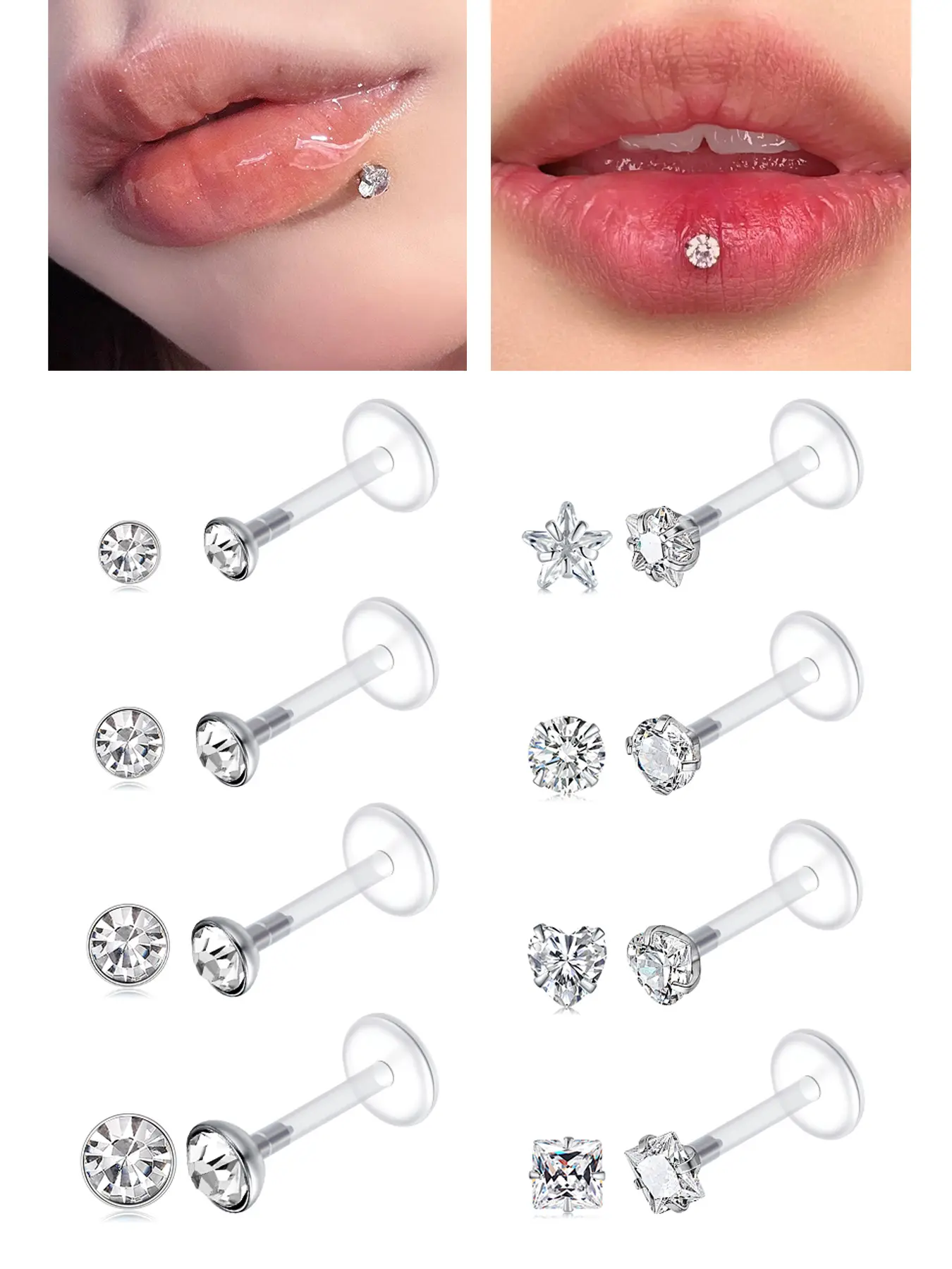 8PCS 16G Clear Push Top Piercing Retainers Earrings For Work, Bioflex Lip Rings Nose Rings Nose Disc Helix Pierced Ring Tragus Medusa Monroe Retainer For Women Men Body Jewelry Cartilage Helix Piercing 6-10mm Bar Length