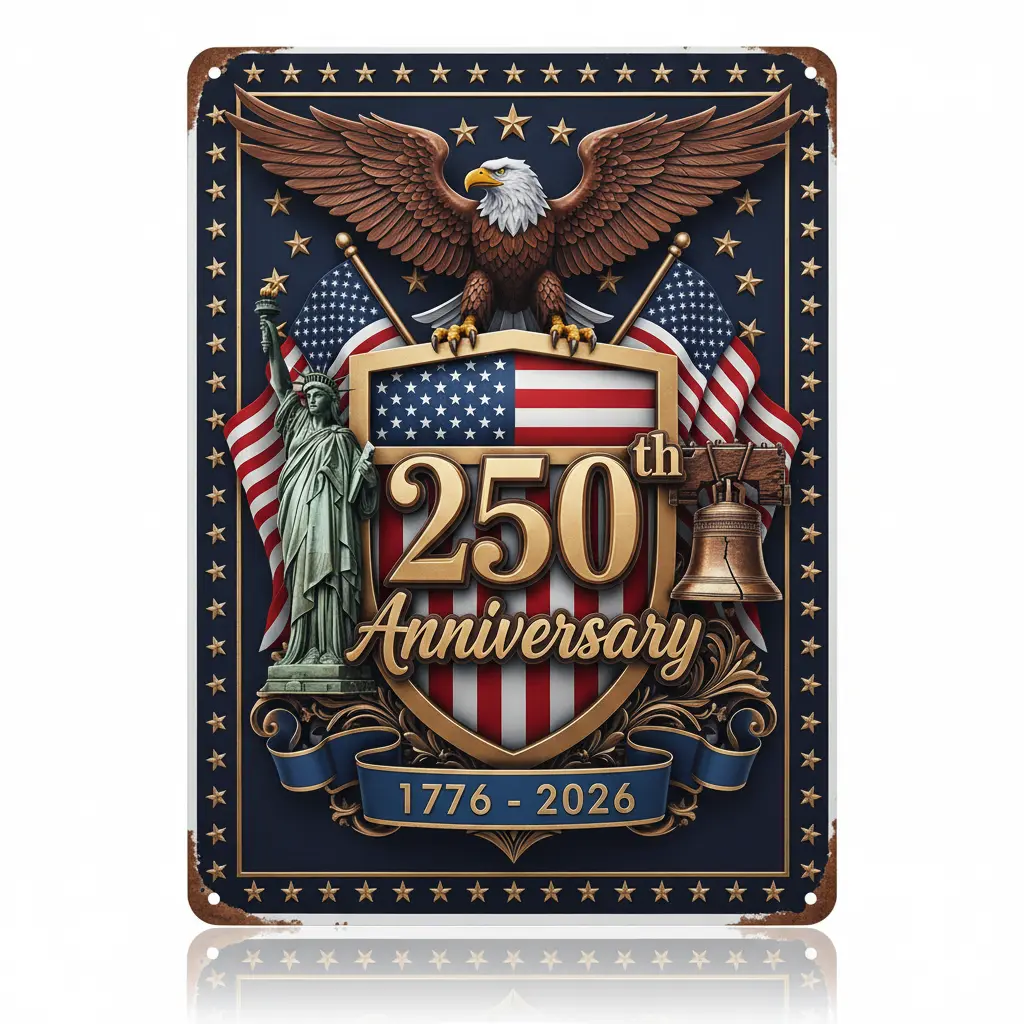 250th Anniversary USA Commemorative Metal Sign 1776-2026 - Patriotic American Eagle, Statue of Liberty & Liberty Bell Aluminum Wall Decor - 8x12 Inch Vintage Style Tin Sign for Home, Office, Man Cave, Independence Day Gift
