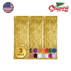 3 Pack 3.3x8.2 Feet Gold Foil Fringe Backdrop Curtains