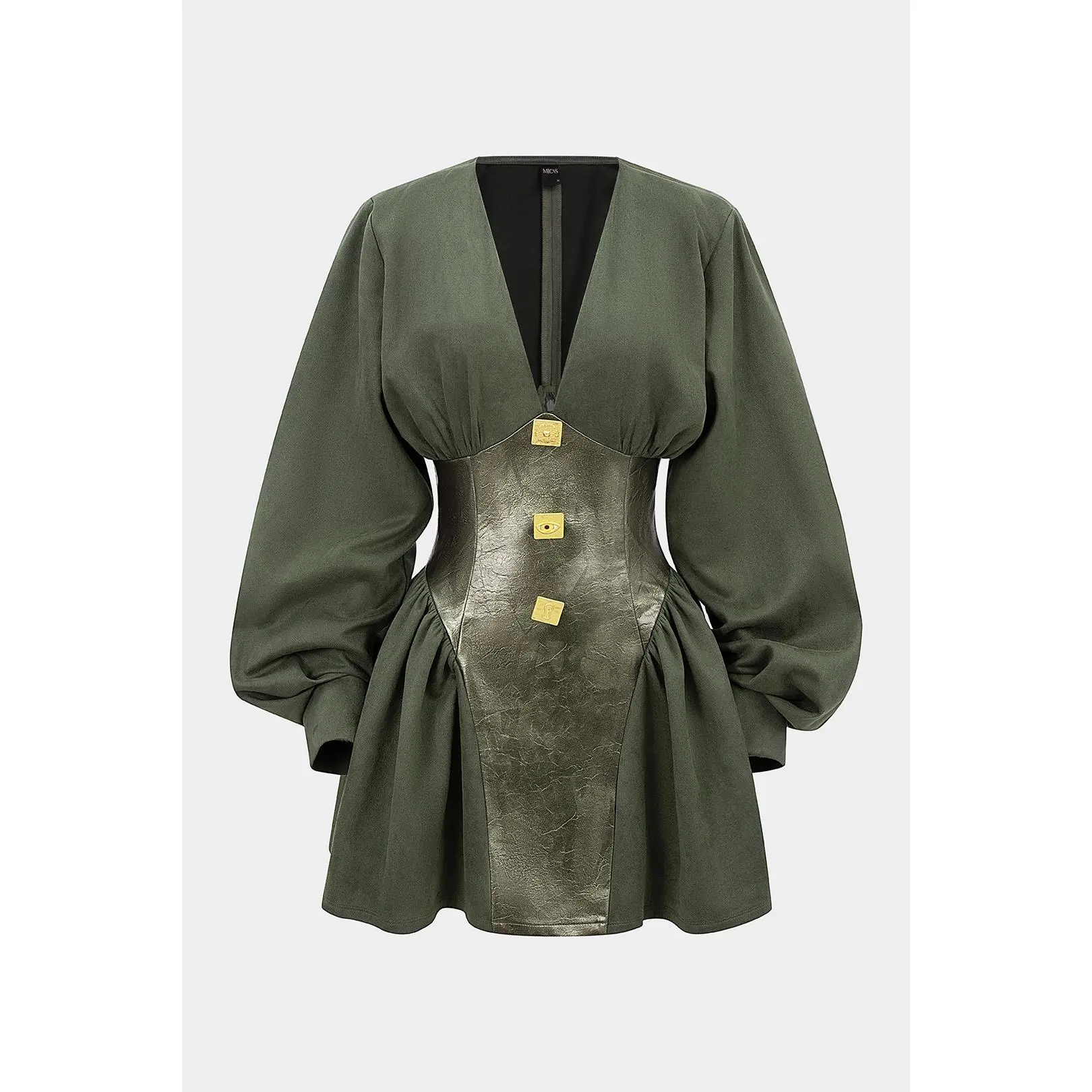 Faux Leather Patchwork Metallic Button Ruched Long Sleeve Mini Dress