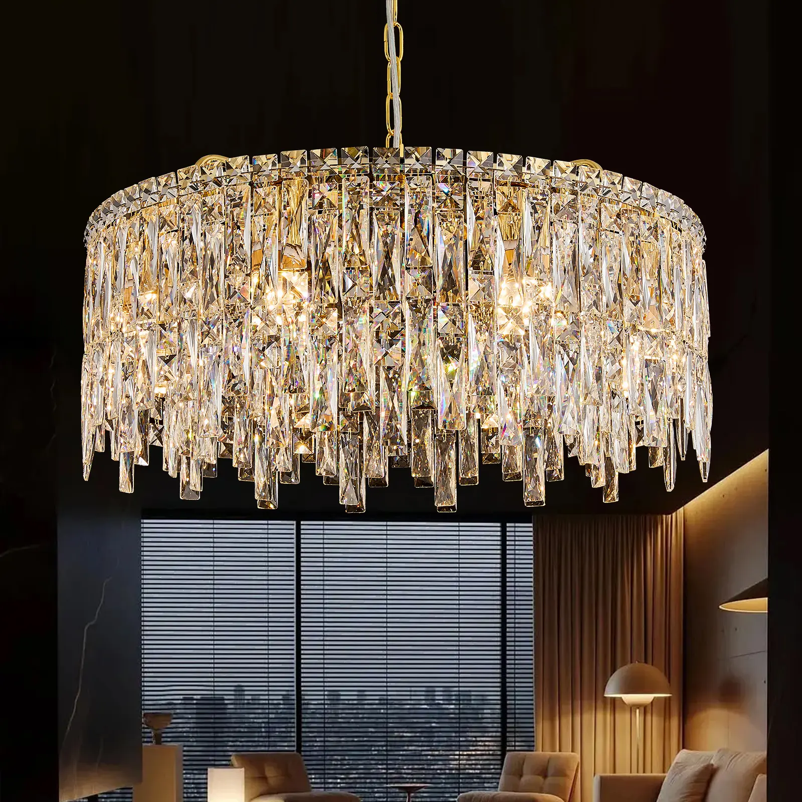 Elegant Crystal Chandelier with Gold Accents for Modern Living Room Decor