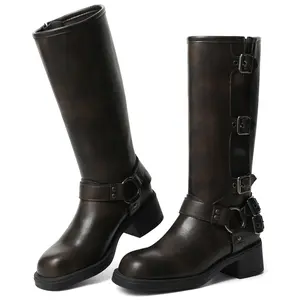 Knee High Boots Women Square Toe Pull On Wide Calf Riding Fashion Buckles Chunky Metallic Casual Vintage Buckle Rivet