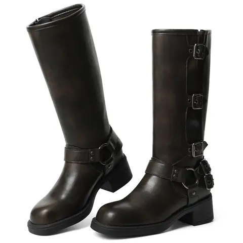 Knee High Boots Women Square Toe Pull On Wide Calf Riding Fashion Buckles Chunky Metallic Casual Vintage Buckle Rivet