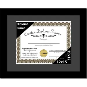 12x15 Classic Black Diploma Picture Frame with Black Mat Glass Easel and Installed Wall Hangers Holds 16x20 Media without Mat