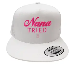 Nana Tried Mesh Snapback Embroidered Flat Bill Trucker Hat White