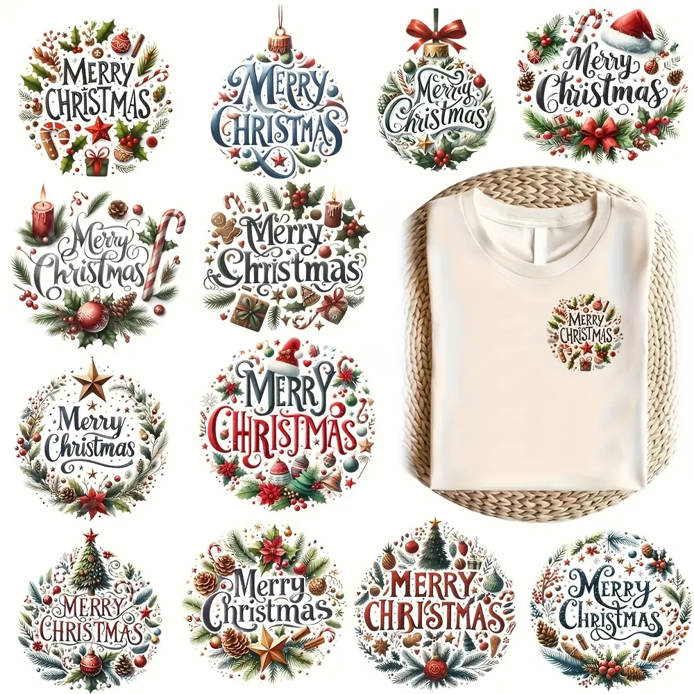 12-Piece Christmas Tree Heat Transfer Stickers Set, Vinyl Decals with Festive Designs & Text, DIY Crafts for Holiday Decorations