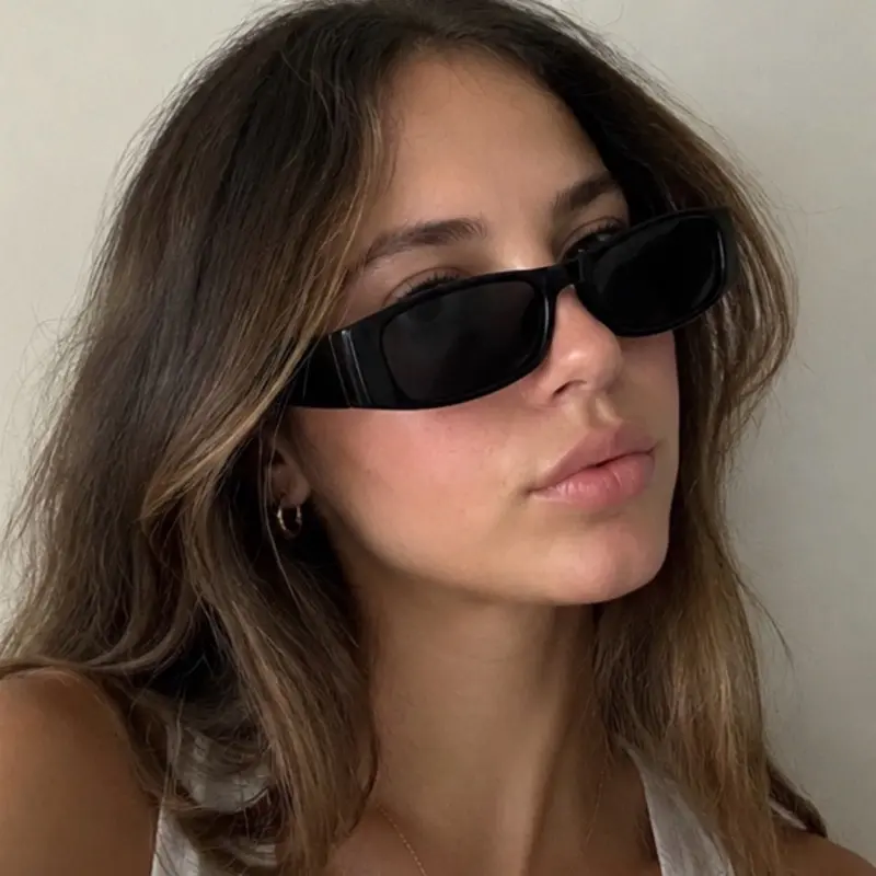 Black Slim Rectangle Sunglasses, Y2K Minimal Shades