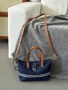 Women's Denim Patchwork Mini Tote Bag, Handheld Crossbody Dual Use, Casual Daily Versatile Small Bag, Fashionable and Practical Accessory