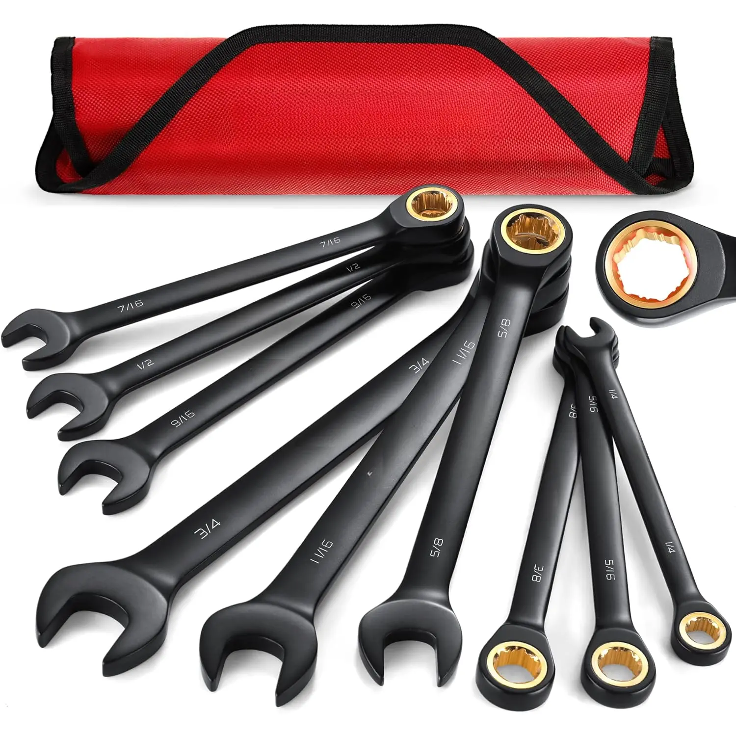 9-Piece Anti-Slip Ratcheting Combination Wrench Set, SAE 1/4"-3/4", 72-Teeth, Cr-V Constructed, Black Ratchet Wrenches Set with Roll Up Pouch