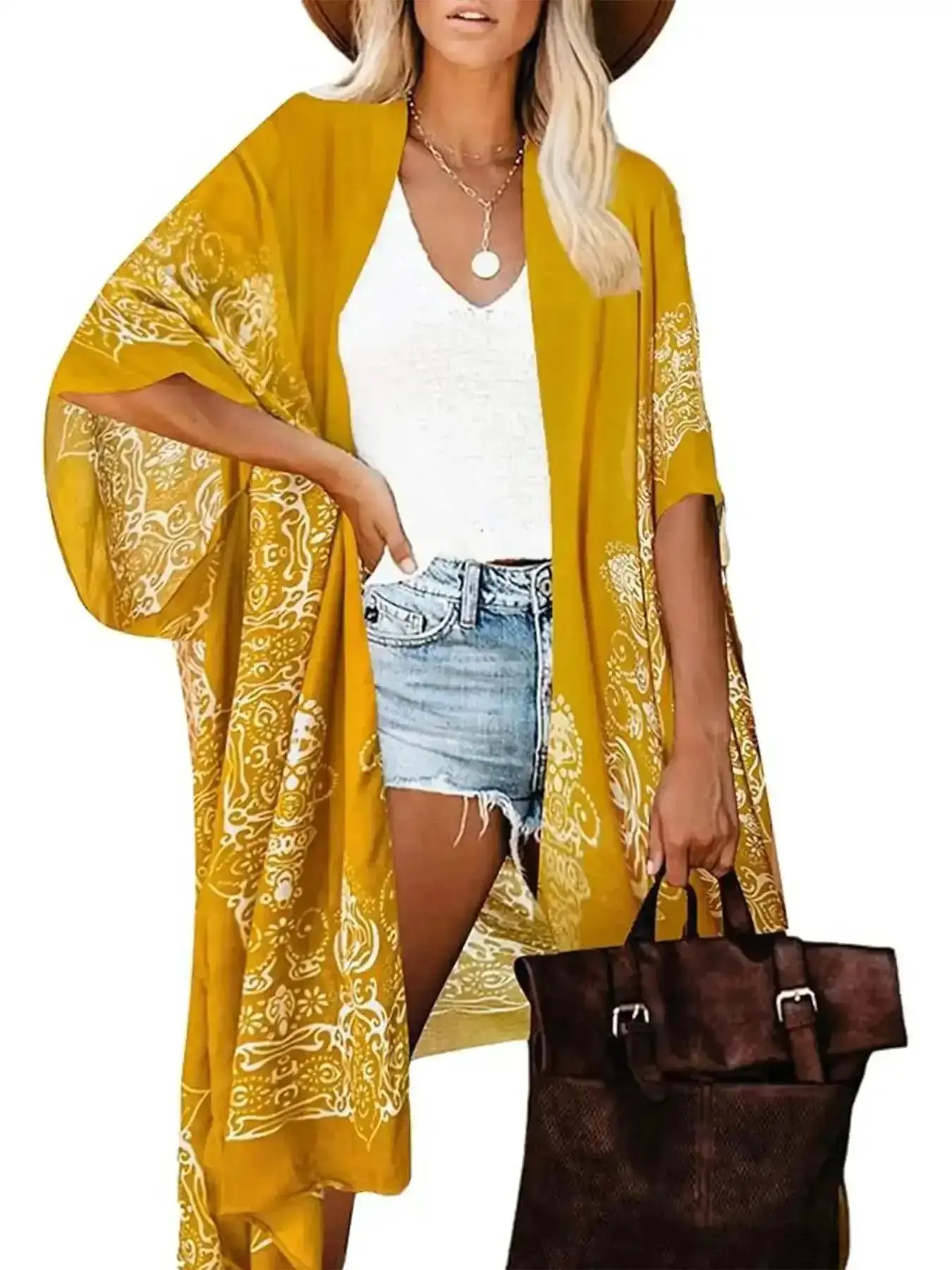 2026 Women's Ethnic Pattern Batwing Sleeve Kimono, Womenswear Clothes Casual Three Quarter Length Split Hem Ladies Summer Swimwear for Beach Vacation, Athleisure, Loungewear Style, Snug Fit, Brunch Outfit