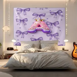 Lavender Purple Bow Princess Crown Letter A-M Tapestry,Cute Girly Print Wall Hanging,Vibrant Kawaii Princess Pattern Tapestries,Lightweight Easy-Hang Wall Tapestrys,Perfect for Girls Bedroom Dorm Decor,Great Gift for Princess & Bow Lovers