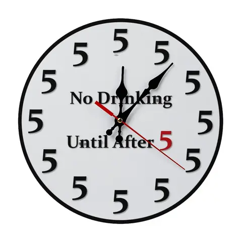 Silent Non-Ticking Round Decorative Wall Clock, Easy Assembly, Funny "No Drink Until 5" Design, 9.8/11.8 in Wall Art, Room Decor for Bar & Kitchen, Home Supplies