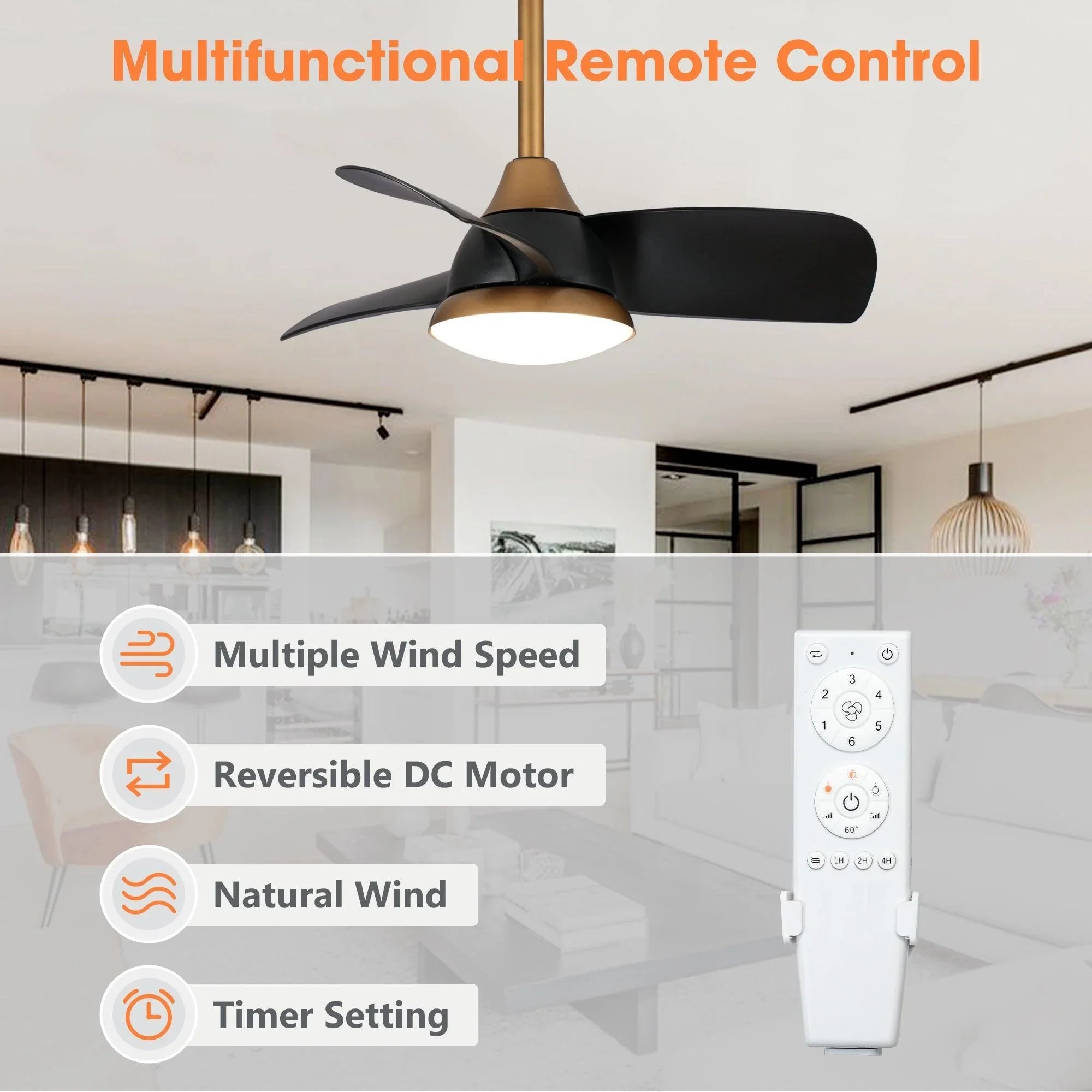 28" Modern DC Motor Ceiling Fan, Downrod Mount, Reversible Blades with Dimmable LED Light & Remote Control