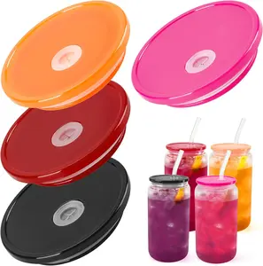 Joyclub 4 Pack Acrylic Lids Fit for 16oz Glass Cups with Straws, Replacement Lid for Drinking Beer Can Cute Iced Coffee Tumblers with Bamboo Lids(Multi Dark)