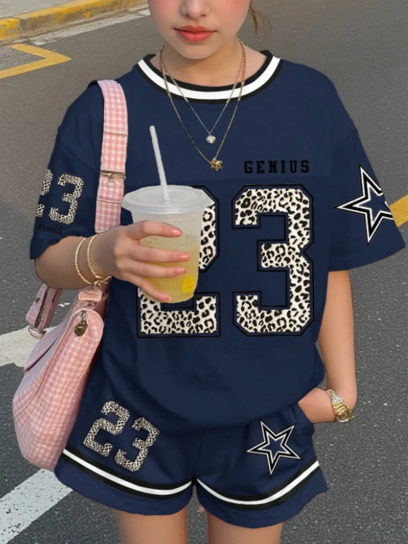 2-Piece Girl Street Style Sports Set, Racing, 3D Digital Print, Tween Girls Casual Round Neck Short Sleeve T-Shirt and Shorts, Summer Wear, Top And Shorts, Sporty Set, Sporty Tee Set