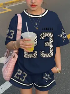 2-Piece Girl Street Style Sports Set, Racing, 3D Digital Print, Tween Girls Casual Round Neck Short Sleeve T-Shirt and Shorts, Summer Wear, Sporty Set