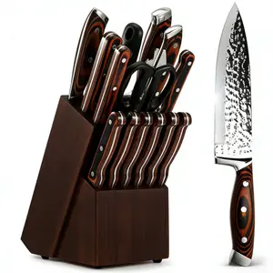 15-Piece Kitchen Knife Set with Wooden Self-Sharpening Block – High Carbon Japanese Stainless Steel Chef Knives and Steak Knives Holiday Gift