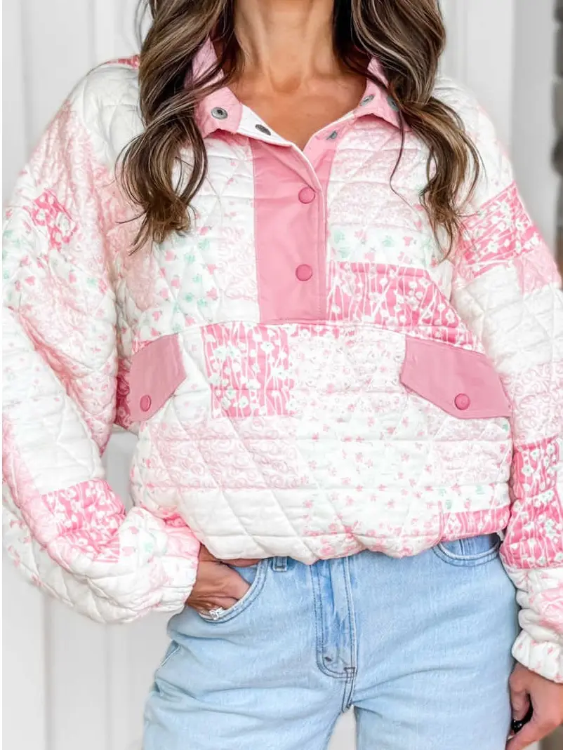 Women’s Collared Floral Print Quilted Pullover Sweatshirt - Half-Button Long-Sleeve 1-Piece Top with Secure Front Pockets, Soft Textured Comfortable Relaxed Style for Fall, Everyday Wear, Longsleeves