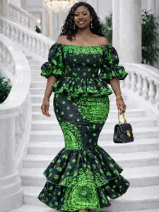 Black & Green Ankara Mermaid Dress – Skirt and Top Peplum African Print Outfit
