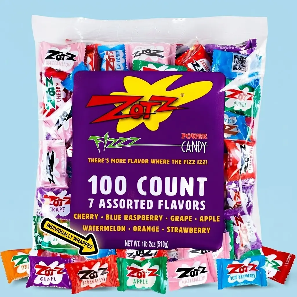 ZOTZ Fizzy Sour Hard Candy Bulk 100 Pieces 7 Assorted Flavors Retro Italian Candy Individually Wrapped Party Snacks