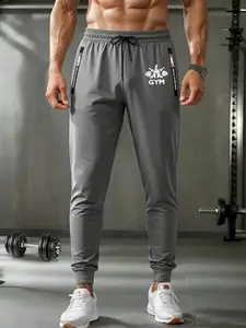 Men's Summer Thin Ice Silk Pants Letter Tape Zipper Pocket Elastic Waist Joggers Helmet Warrior Sword and Barbell Print Harajuku Trousers Lightweight Breathable Casual Sporty Bottoms