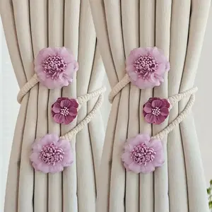 2-Pack Luxury Fabric Flower Curtain Tiebacks, No-Drill Universal Curtain Hooks, Elegant Floral Decor, Home Office Atmosphere Accessories