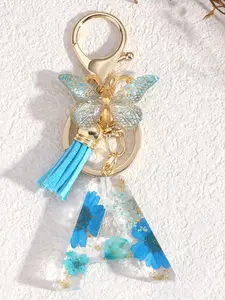 1pc Initial Letter Keychain Butterfly Key rings Chain Pendant Cute Animal Key Ring Purse Bag Backpack Car Pendant Charm Earbud Case Accessory Women Gift