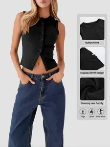 Womens Crop Tank Tops Button Down Vest Seamless Ribbed Trendy Shirts Cute Sleeveless Summer Spring Y2K Cami