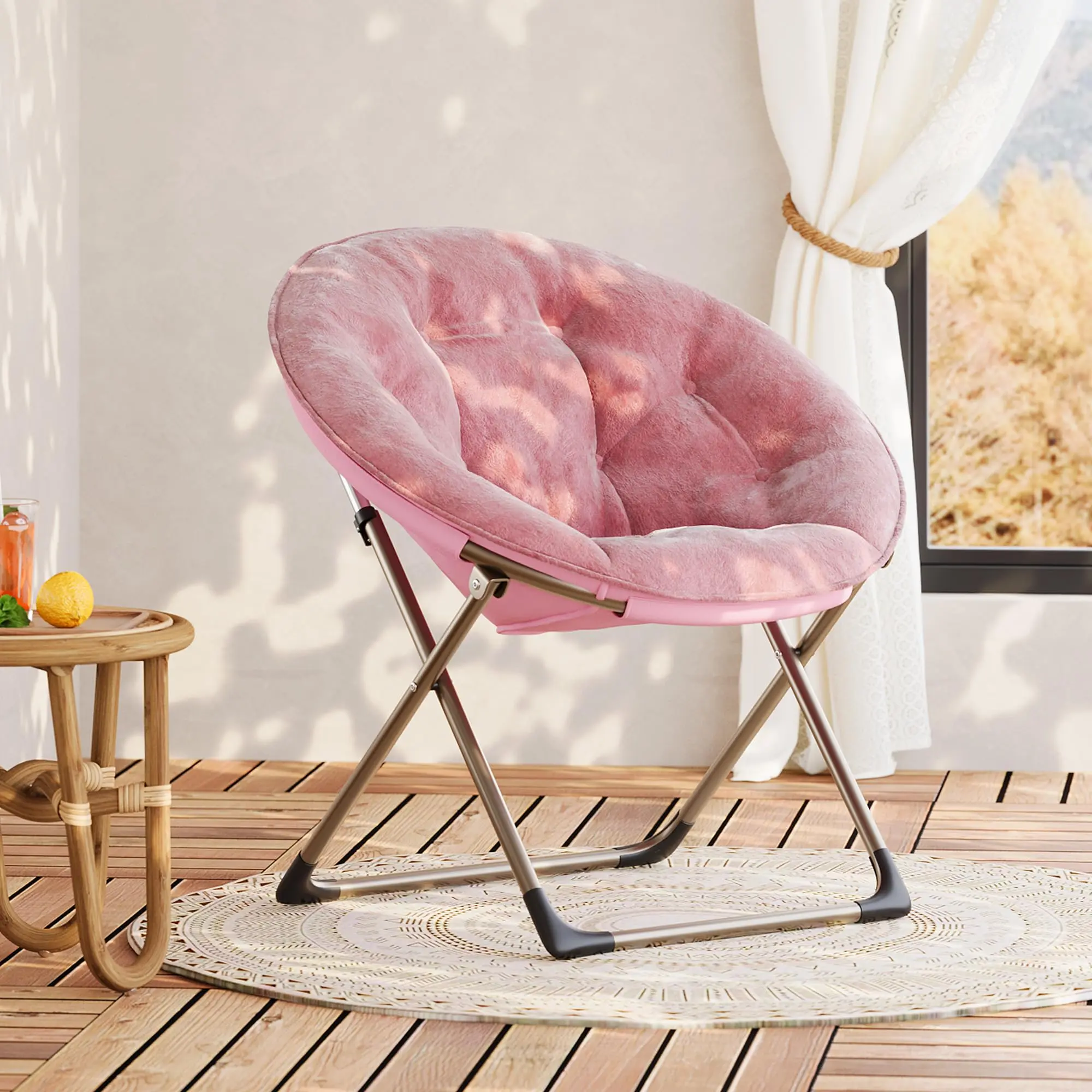 Folding Saucer Chair, Modern Faux Fur Lounge Accent Chair with Thick Padding & Space-Saving Flower Design for Bedroom, Living Room, Dorm