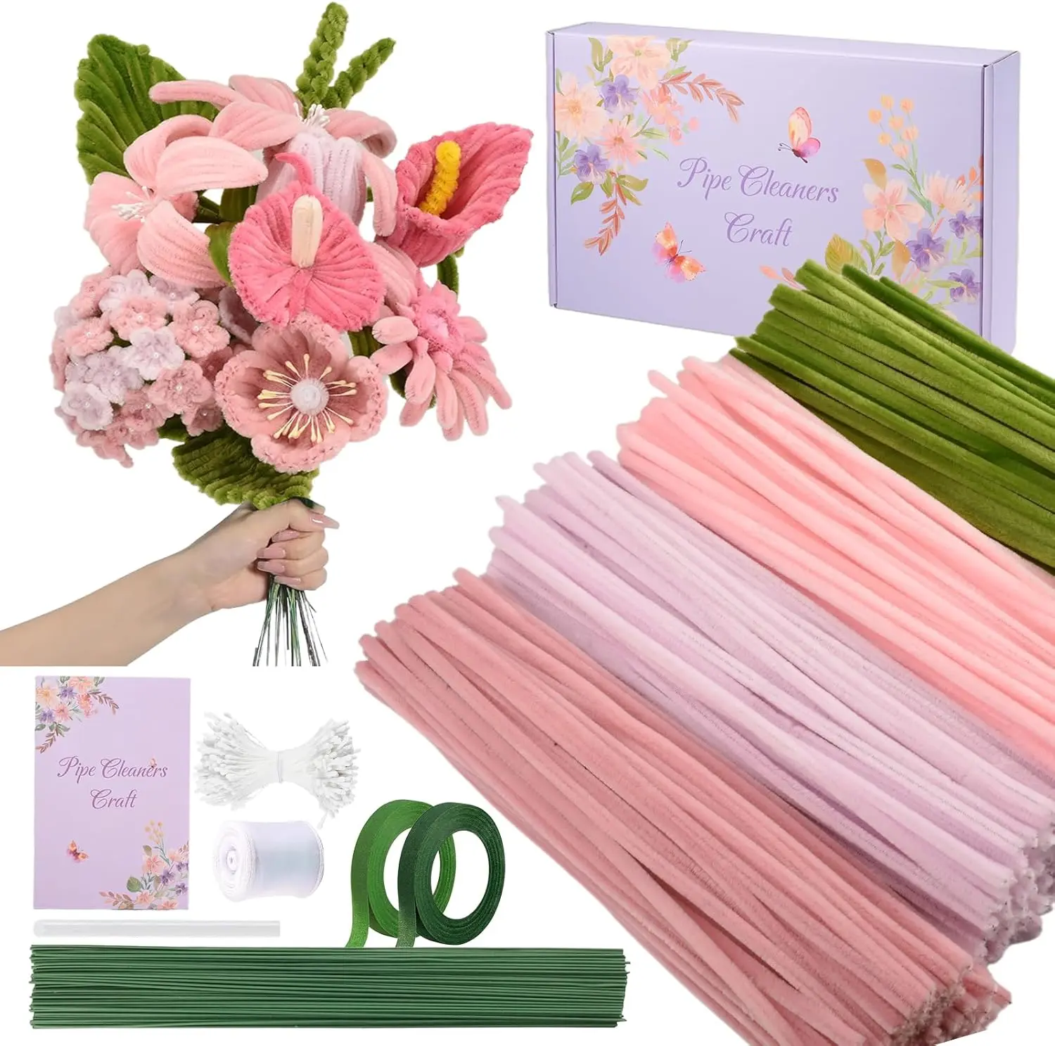 400 count Pipe Cleaners Craft Set, 4 Assorted  Pipe Cleaners Bulk, Chenille Stems for DIY Flower Making Kit with Floral Stems, Gardening Tape, Stamen, Ribbon for DIY Bouquet  ()