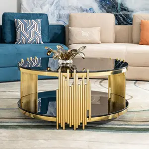 double layer black tempered glass top stainless steel round coffee table for living room RR double layer black tempered glass top stainless steel round coffee table for living room RR