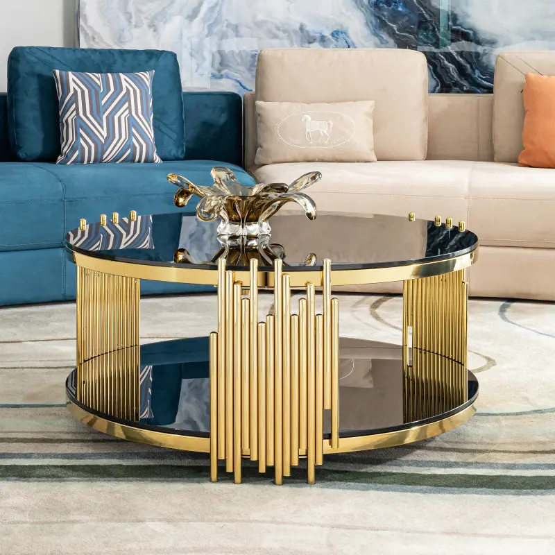 Round Living Room Coffee Table - 31.50 in. Width Round Shape, Double-Layer Black Tempered Glass Top, Stainless Steel Frame, Modern Accent Table for Sofa Side Use & Storage