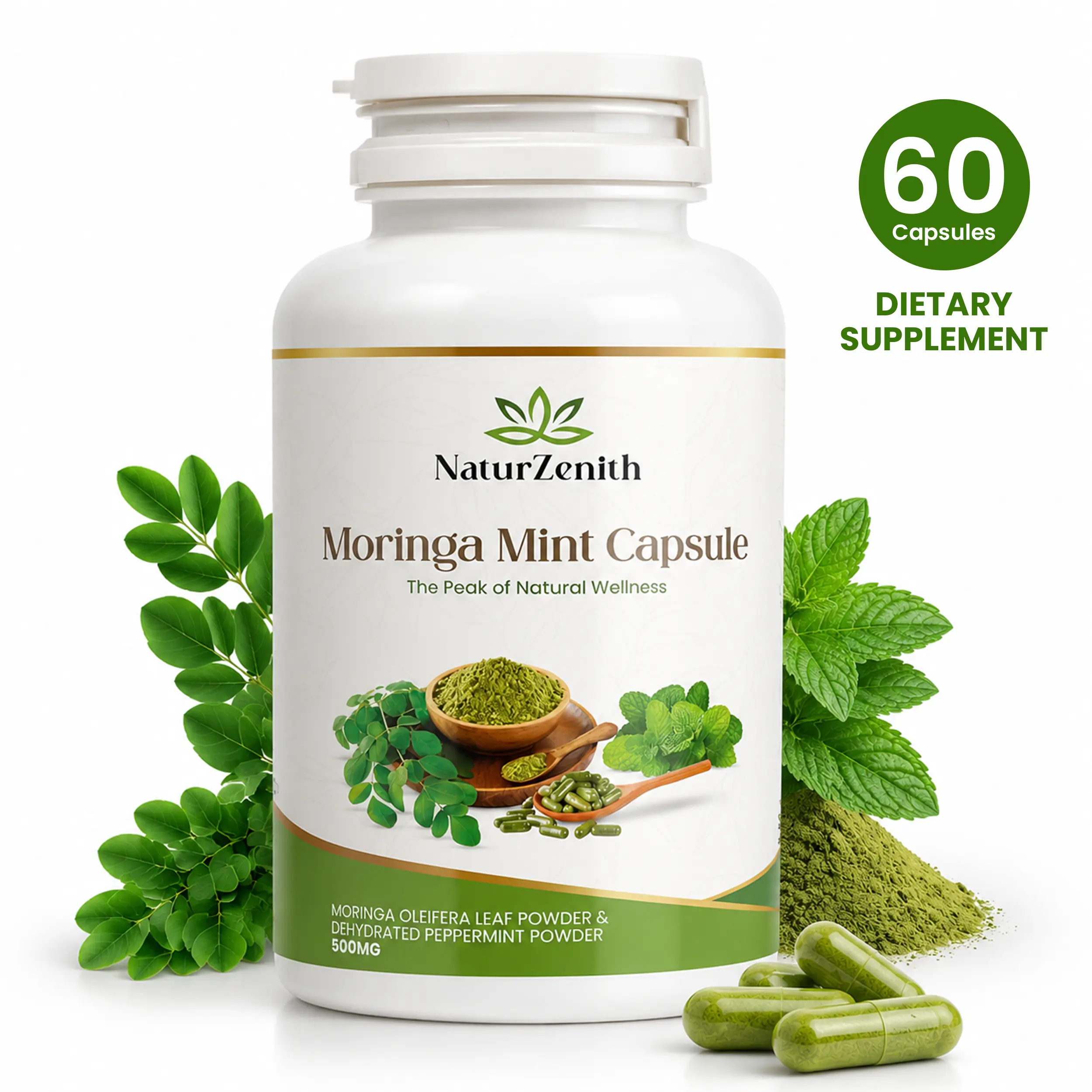 NaturZenith Moringa & Mint Capsules – Natural Digestive Support & Gut Comfort, Daily Wellness, Vegan, Non-GMO, 60 Ct,Immune Support