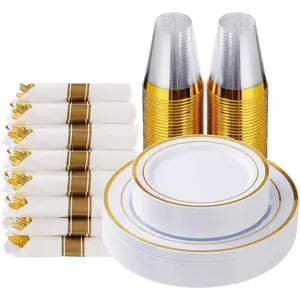Gold Plastic Tableware Set for 25 Guests, 175PCS Fancy Disposable Plates, Cups & Gold Cutlery for Wedding, Party