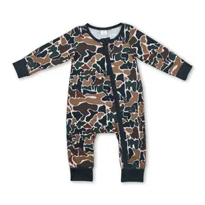 Newborn Baby Boys' Western Camouflage Fall Long-Sleeved Fitted Cotton Blend Breathable Zipper Rompers - Elastic Bodysuit for Sleep & Casual Wear